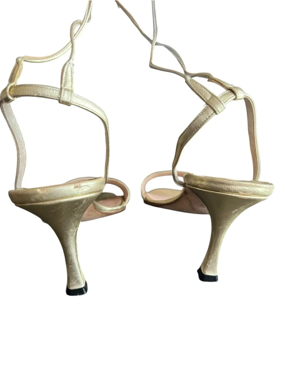 Manolo Blahnik Women’s Vintage 90s Gold Ankle Strap Tie Kitten Heels Sandals